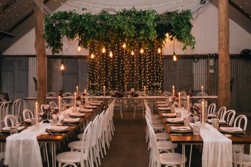 Barn reception hanging fairy lights
